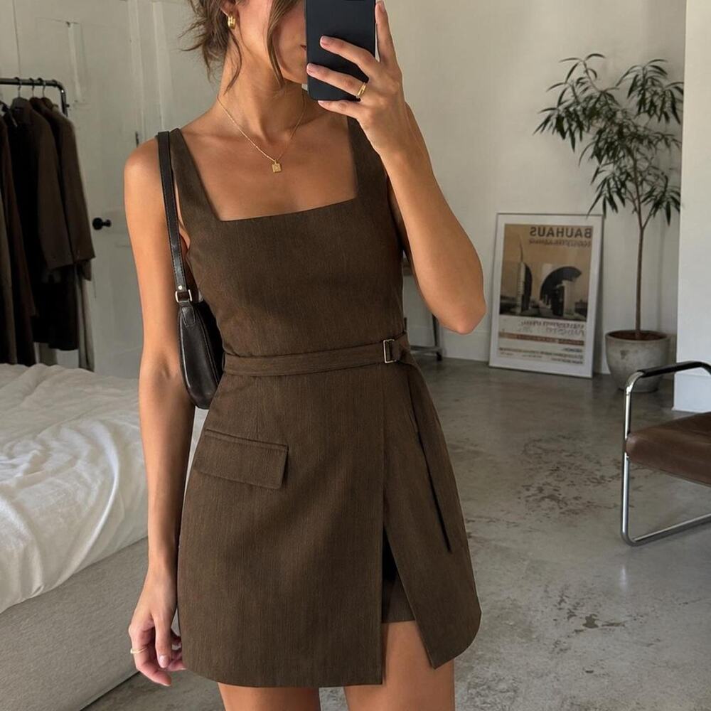 Hello Molly Brown Belted Skort Romper Mini Dress Square Neck Size S